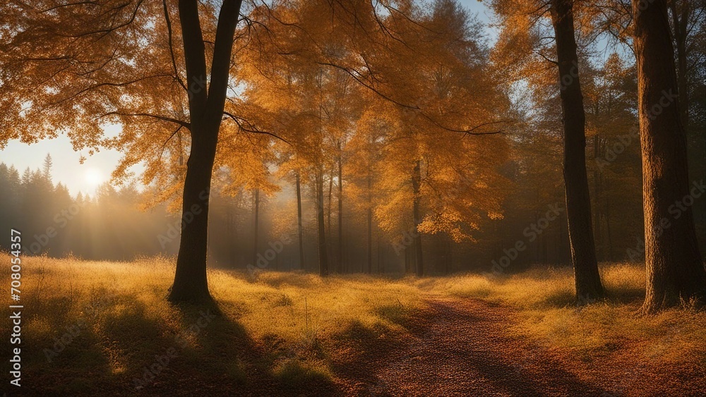 autumn in the woods An autumn nature landscape of colorful forest in the morning sunlight. The forest is full of trees  