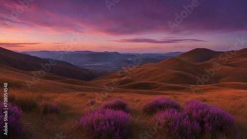 sunrise in the mountains mountain landscape at sunset with purple and orange sky a photo panoramic view of hills 