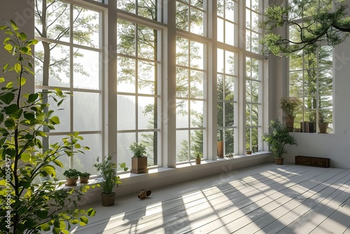 White empty room with summer landscape in window. Scandinavian interior design.