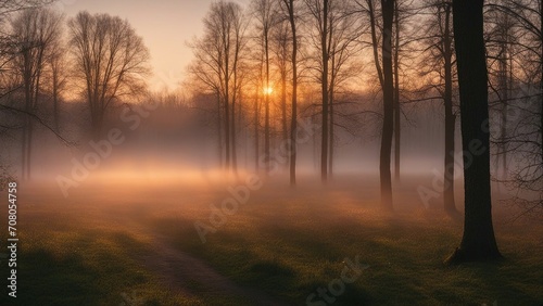 misty morning in the forest sunrise light nature and mist in spring, Lithuanian nature 