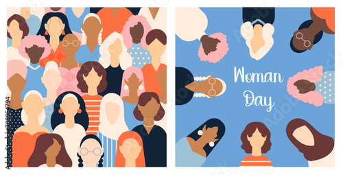 March 8, International Women's Day. Vector illustration of a group of women in flat design. Postcards in honor of Women's Day