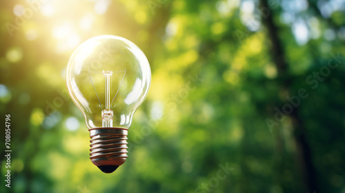 Light bulb on forest background, sustainability, renewable green energy and idea concept.