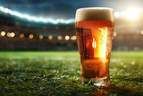 Glass of beer on a football field with lights on background, copy space