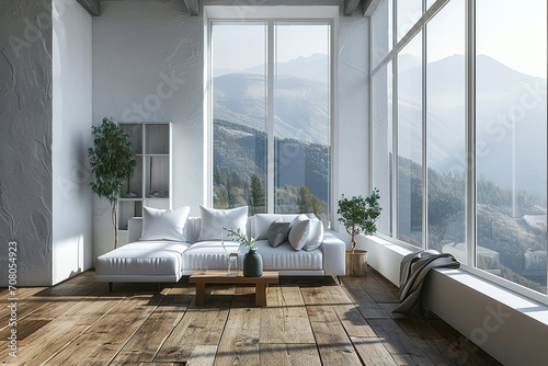 White minimalist living room interior with sofa on a wooden floor, decor on a large wall, white landscape in window. Home Nordic interior   Scandinavian interior poster mock up © interior