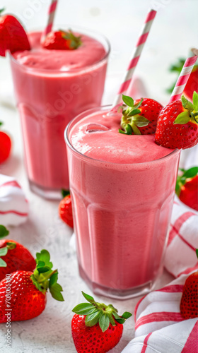 Strawberry milkshake in glasses on a light background. Selective focus.