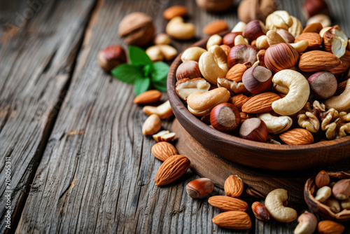 Mix of nuts in bowl on wooden background. Healthy food concept.