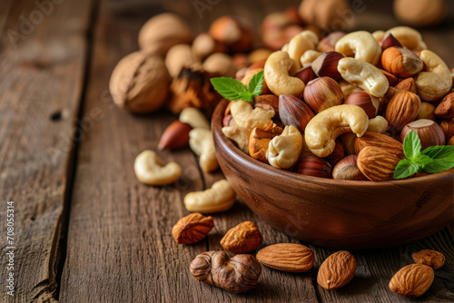 Mix of nuts in bowl on wooden background. Nuts mix.