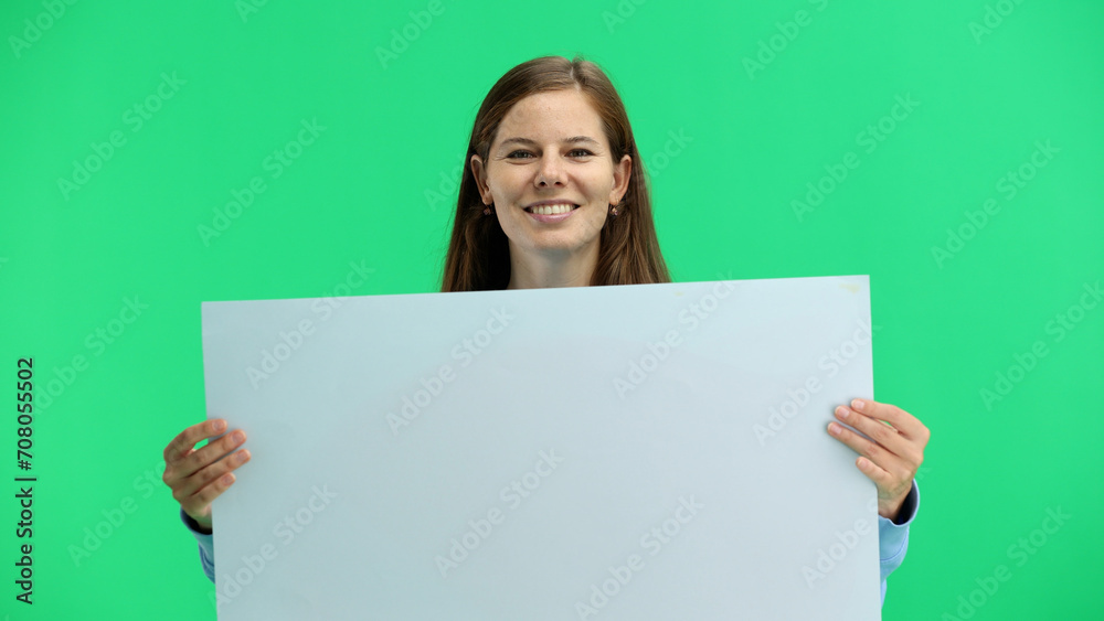 Woman, close-up, on a green background, with a white sheet