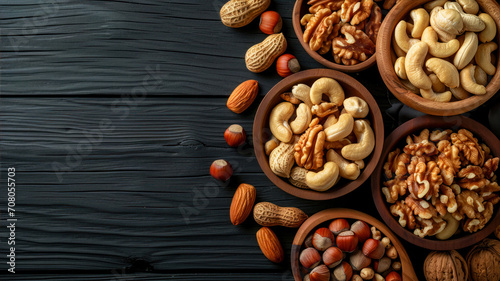 Mix of nuts in bowls on black wooden background. Top view.