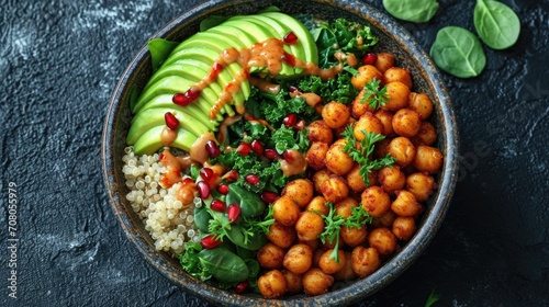 Vegan Buddha Bowl Unwind: Overhead Shot of Colorful Bowl with Quinoa, Avocado, and Chickpeas on Dark Surface