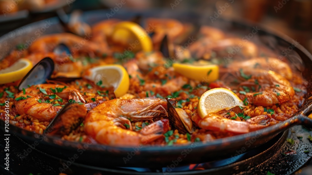 Seafood Paella Unwind: Sizzling Seafood Paella with Prawns, Mussels, Saffron Rice in Outdoor Setting, Lemon Wedge Garnish Seafood Paella Unwind: Sizzling Seafood Paella with Prawns, Mussels, Saffron Rice in Outdoor Setting, Lemon Wedge Garnish