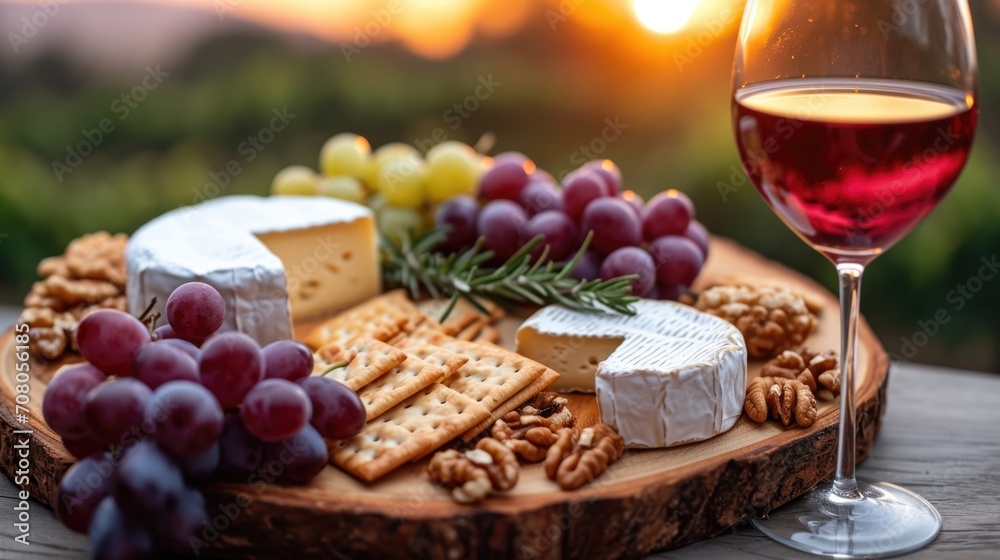 Artisan Cheese Platter Unwind: Fine Cheese Assortment with Grapes, Nuts, Crackers on Wooden Board, Red Wine, Rustic Vineyard Sunset