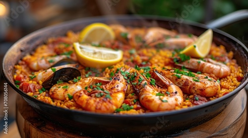 Seafood Paella Unwind: Sizzling Seafood Paella with Prawns, Mussels, Saffron Rice in Outdoor Setting, Lemon Wedge Garnish