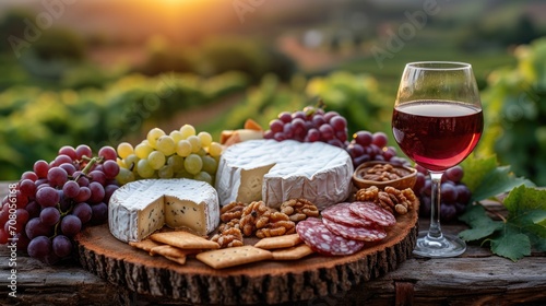 Artisan Cheese Platter Unwind  Fine Cheese Assortment with Grapes  Nuts  Crackers on Wooden Board  Red Wine  Rustic Vineyard Sunset