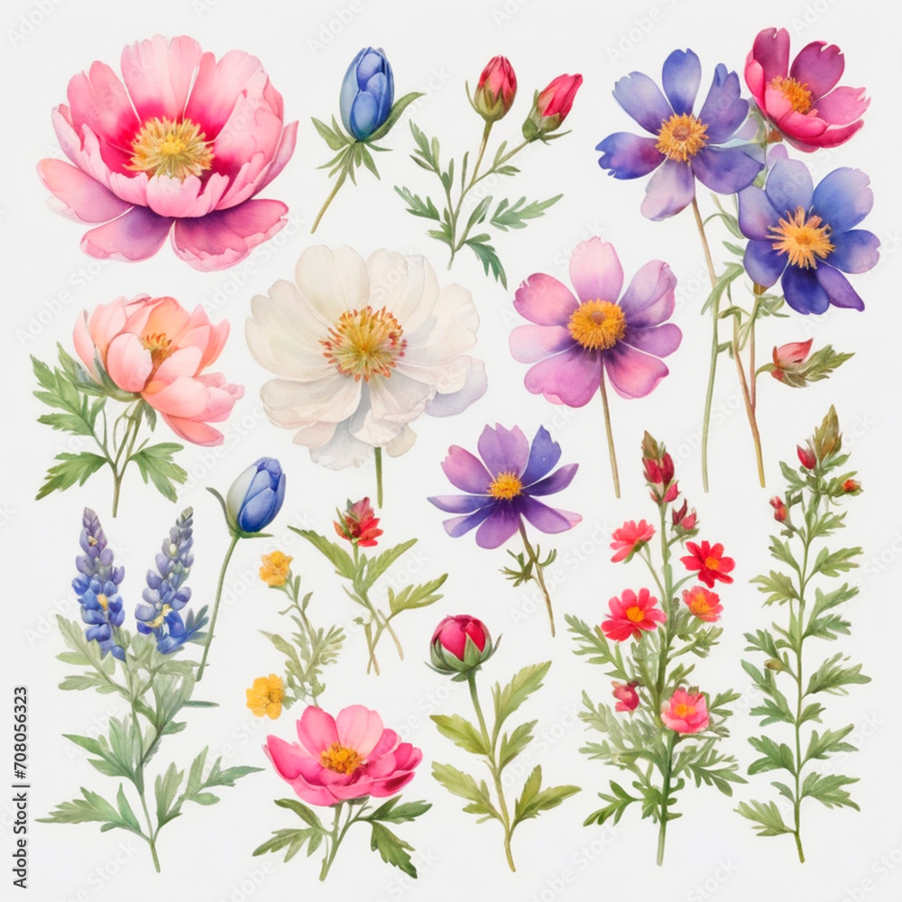 set of watercolor painted flowers