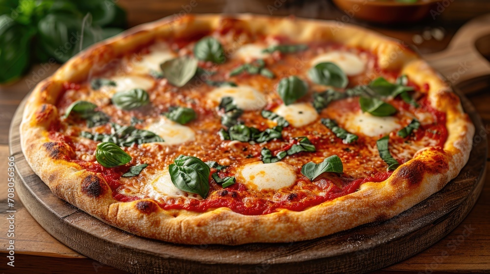Classic Italian Pizza Unwind: Rustic and Cozy Kitchen Scene with Steamy Margherita Pizza on Wooden Table