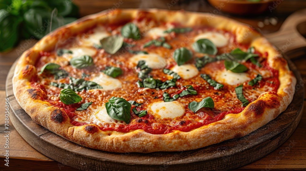 Classic Italian Pizza Unwind: Rustic and Cozy Kitchen Scene with Steamy Margherita Pizza on Wooden Table Classic Italian Pizza Unwind: Rustic and Cozy Kitchen Scene with Steamy Margherita Pizza on Wooden Table