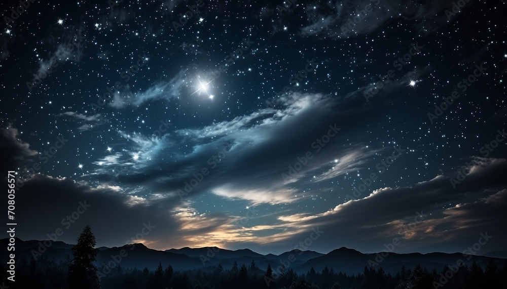 Naklejka premium Night sky, a dark landscape with mountains, stars shining brightly generated by AI