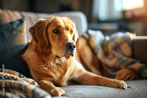 Modern living room interior. Cute Golden Labrador Retriever on couch © interior