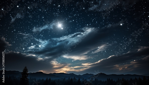 Night sky, a dark landscape with mountains, stars shining brightly generated by AI