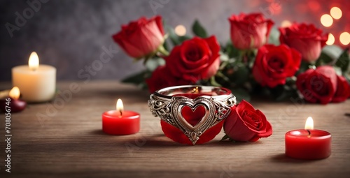 red candle and rose petals