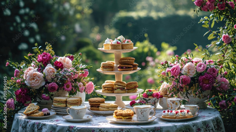 Elegant Tea Party Unwind: High Tea in Beautiful Garden with Delicate Teacups, Scones, Finger Sandwiches, Elegant Tableware Elegant Tea Party Unwind: High Tea in Beautiful Garden with Delicate Teacups, Scones, Finger Sandwiches, Elegant Tableware