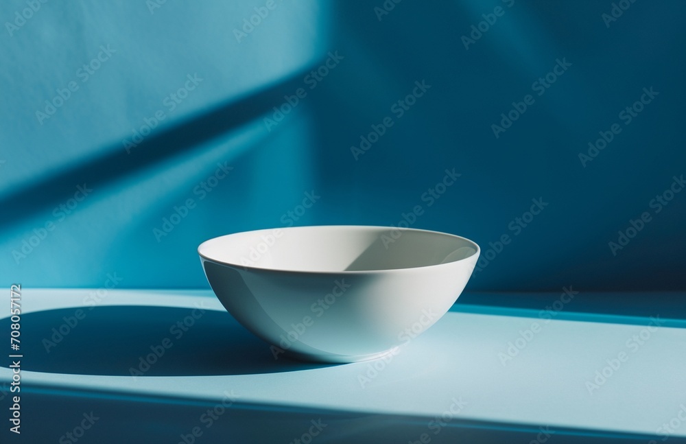 a white bowl sitting on top of a table next to a blue wall a white bowl sitting on top of a table next to a blue wall