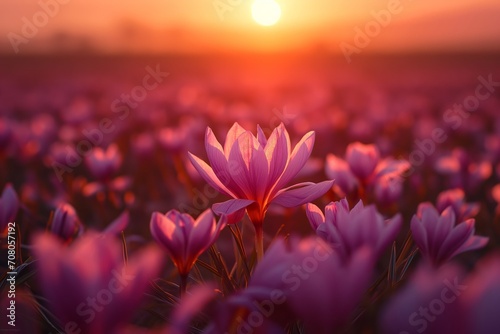 A horizon of beautiful purple saffron flower field in sunset photo