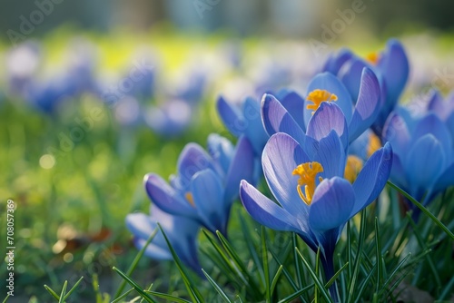 A bunch of blue crocus flowers in an idyllic green spring meadow photo