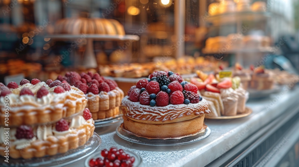 French Patisserie Window Unwind: Charming Parisian Patisserie Displaying Array of Pastries and Cakes, Quaint Paris Street Scene