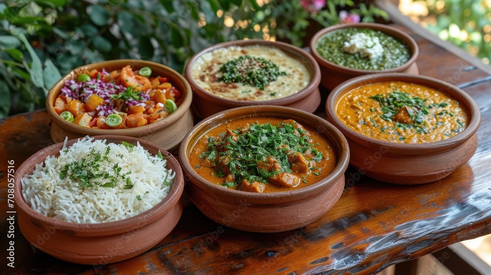 Indian Curry Feast Unwind: Vibrant Cultural Setting with Indian Dishes Like Butter Chicken, Naan, Rice in Traditional Clay Dishes