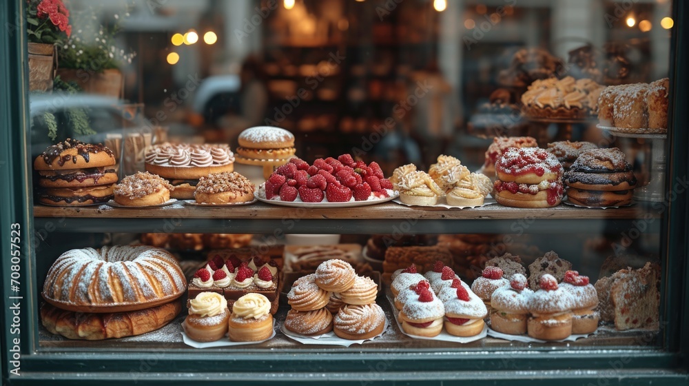 French Patisserie Window Unwind: Charming Parisian Patisserie Displaying Array of Pastries and Cakes, Quaint Paris Street Scene