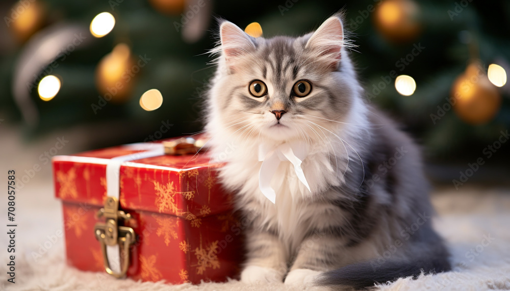 Cute kitten sitting under Christmas tree, looking at camera generated by AI