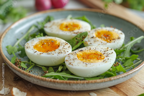 boiled eggs with green salad, close up