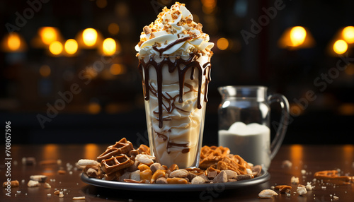 Indulgent dessert hot chocolate, whipped cream, caramel, and fudge generated by AI