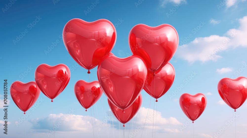 heart shaped red balloons in the sky
