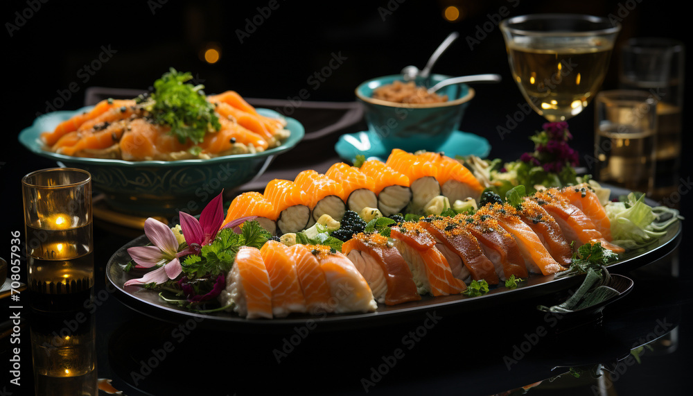 Fresh seafood plate sashimi, nigiri, maki, prawn, avocado, wasabi generated by AI Fresh seafood plate sashimi, nigiri, maki, prawn, avocado, wasabi generated by AI