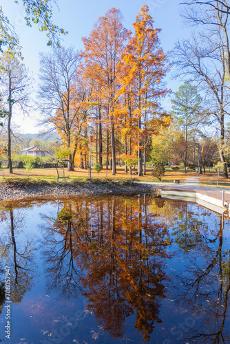 Peaceful lake surrounded by autumn trees and blue sky with reflections in water. 