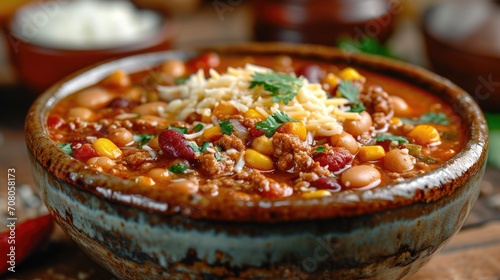 Spicy Mexican Chili Unwind: Hearty Bowl of Spicy Mexican Chili with Beans, Beef, Cheese, Cilantro in Rustic Kitchen, Homely Ambiance