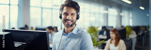 Smiling European man with headphones and microphone in call center, banner photo