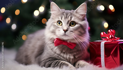 Cute kitten looking at camera, surrounded by Christmas lights generated by AI