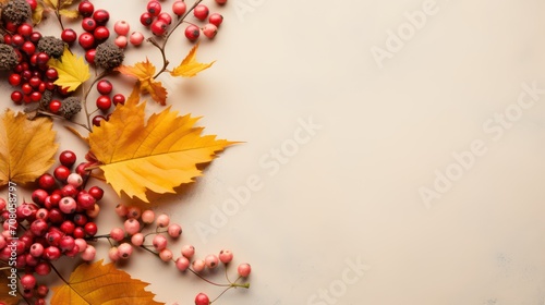 Autumn background with leaves  berries and acorns. Flat lay  top view  copy space
