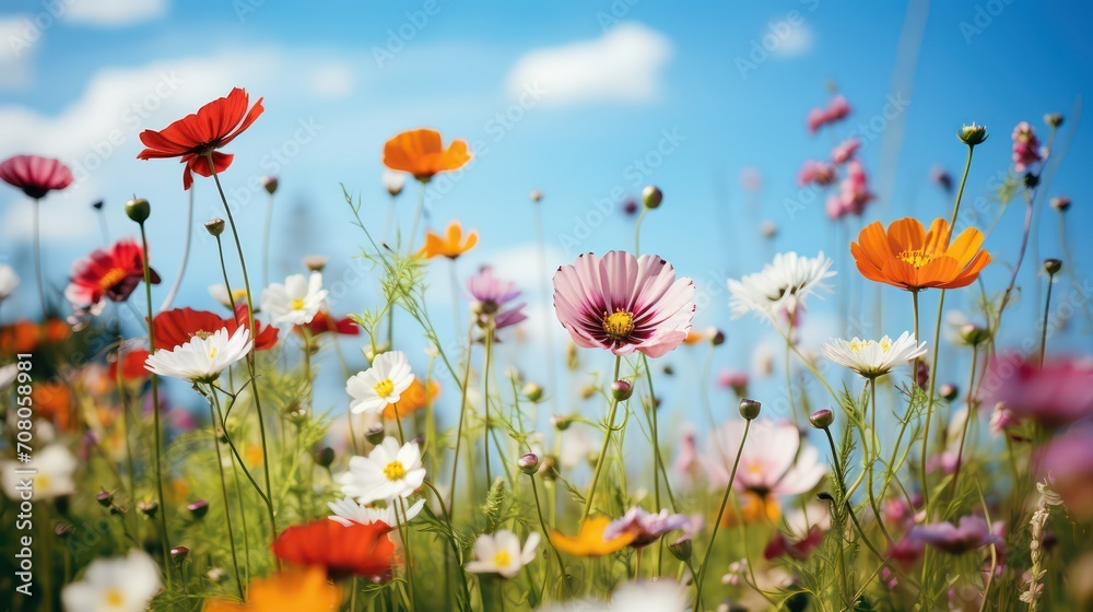 Fototapeta premium Colorful cosmos flowers blooming in the field with blue sky background