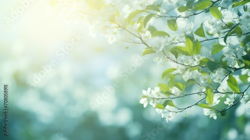Blossoming branch of jasmine. Spring nature background