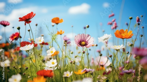 Colorful cosmos flowers blooming in the field with blue sky background
