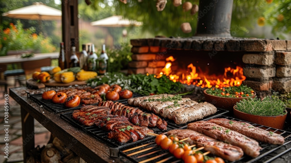 Argentinian Asado BBQ Unwind: Rustic Backyard with Outdoor Argentinian Asado, Various Meats Grilling, Family and Friends Gathering