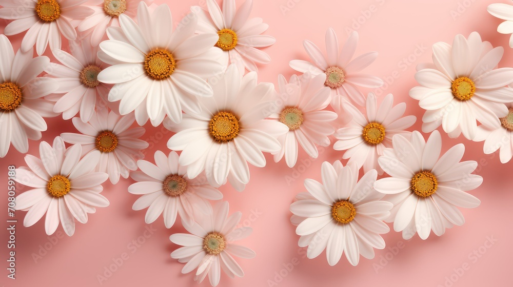 White daisies on a pink background. Top view, flat lay