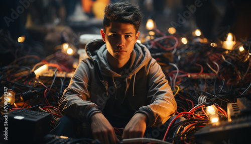 A skilled young man repairing equipment in an illuminated workshop generated by AI © Jeronimo Ramos