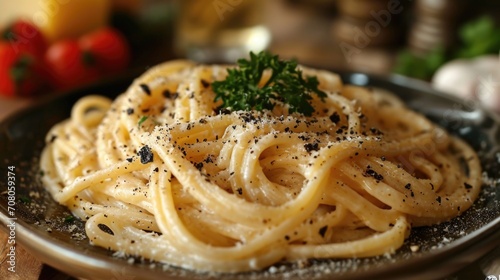 Gourmet Truffle Pasta Unwind: High-End Italian Restaurant with Black Truffle Pasta, Parmesan Cheese, Sophisticated Luxurious Ambiance