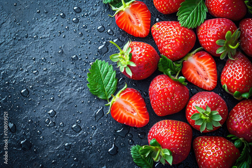 strawberries on black backdrop with water drops